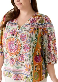 Plus 3/4 Puff Sleeve Print Peasant Blouse