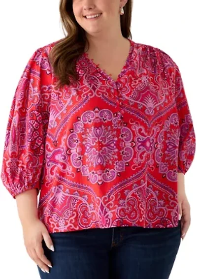 Plus Three-Quarter Sleeve Peasant Top
