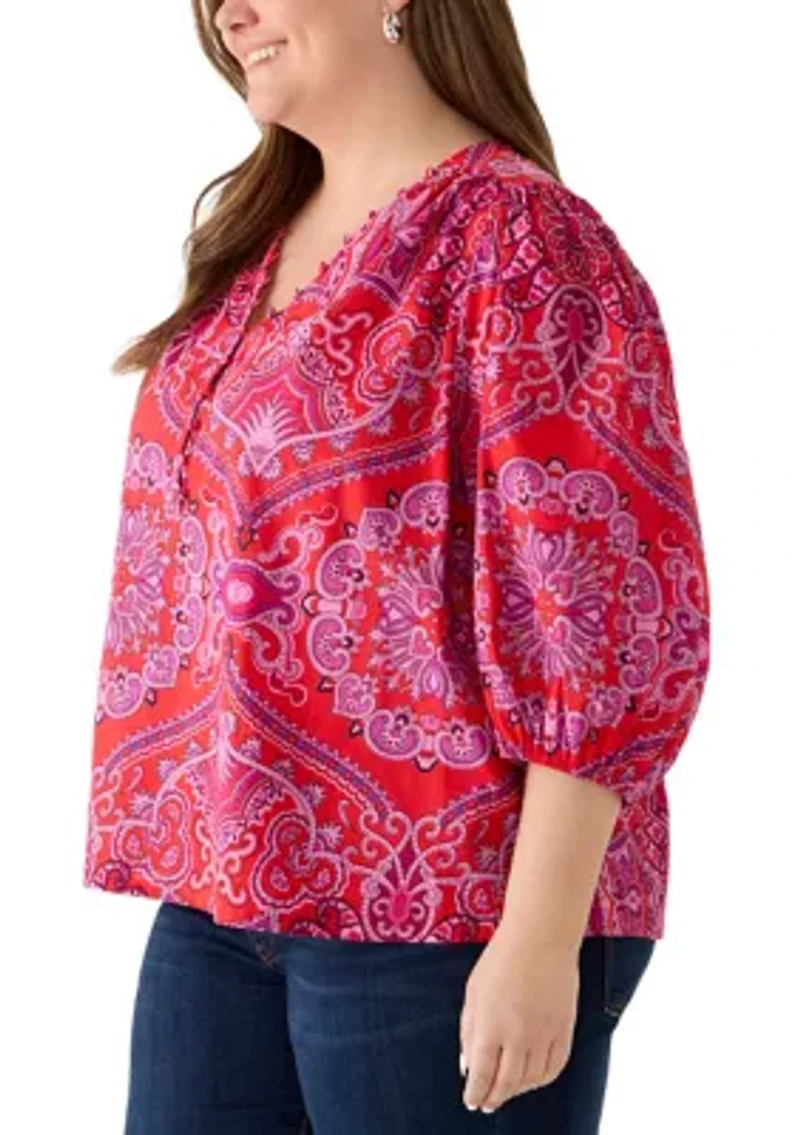 Plus Three-Quarter Sleeve Peasant Top