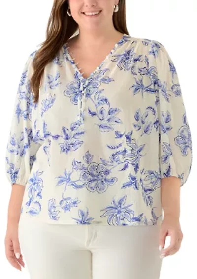 Plus Three-Quarter Sleeve Peasant Top