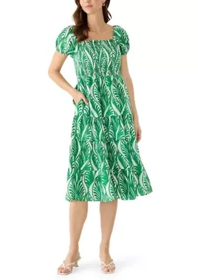 Women's Puff Sleeve Smocked Swirl Print Midi Dress