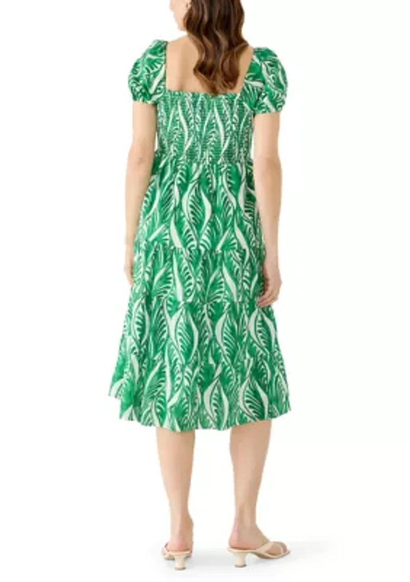 Women's Puff Sleeve Smocked Swirl Print Midi Dress