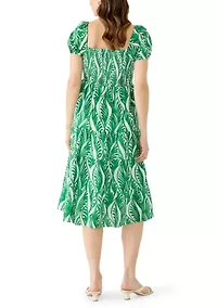 Women's Puff Sleeve Smocked Swirl Print Midi Dress