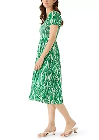 Women's Puff Sleeve Smocked Swirl Print Midi Dress