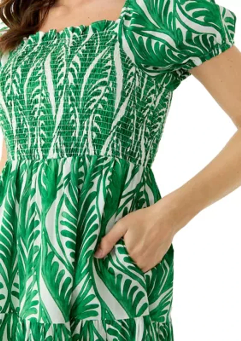 Women's Puff Sleeve Smocked Swirl Print Midi Dress