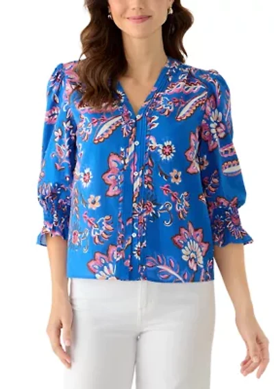 Women's 3/4 Sleeve Paisley V-Neck Blouse