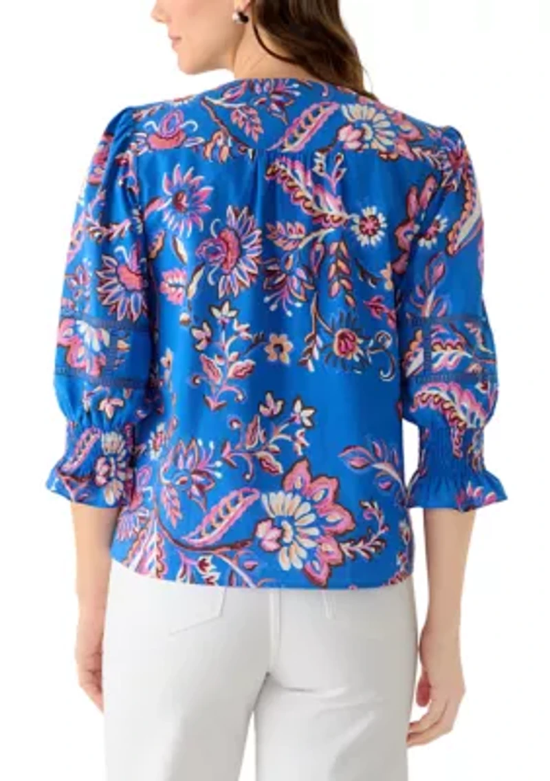 Women's 3/4 Sleeve Paisley V-Neck Blouse