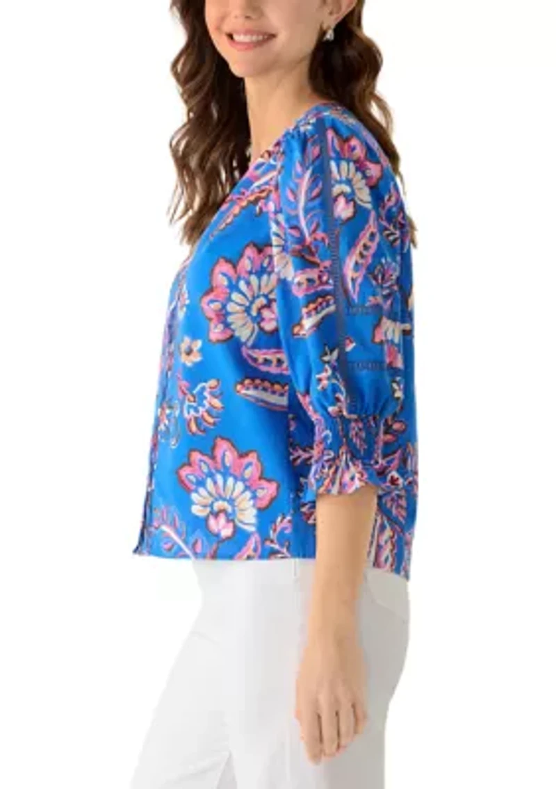 Women's 3/4 Sleeve Paisley V-Neck Blouse
