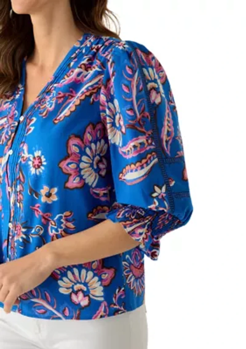Women's 3/4 Sleeve Paisley V-Neck Blouse