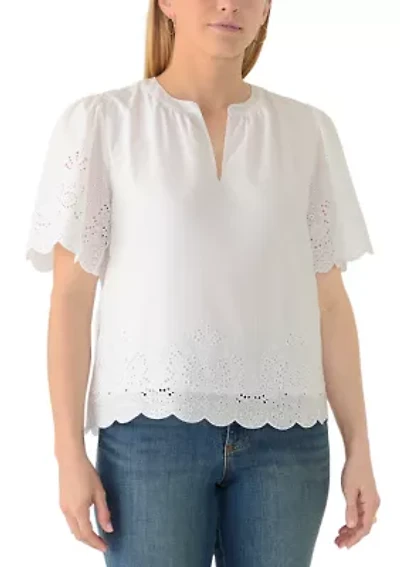 Women's Short Sleeve Eyelet Split Neck Blouse