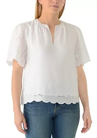 Women's Short Sleeve Eyelet Split Neck Blouse