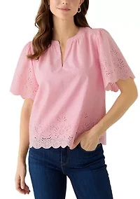 Women's Short Sleeve Eyelet Split Neck Blouse
