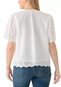 Women's Short Sleeve Eyelet Split Neck Blouse