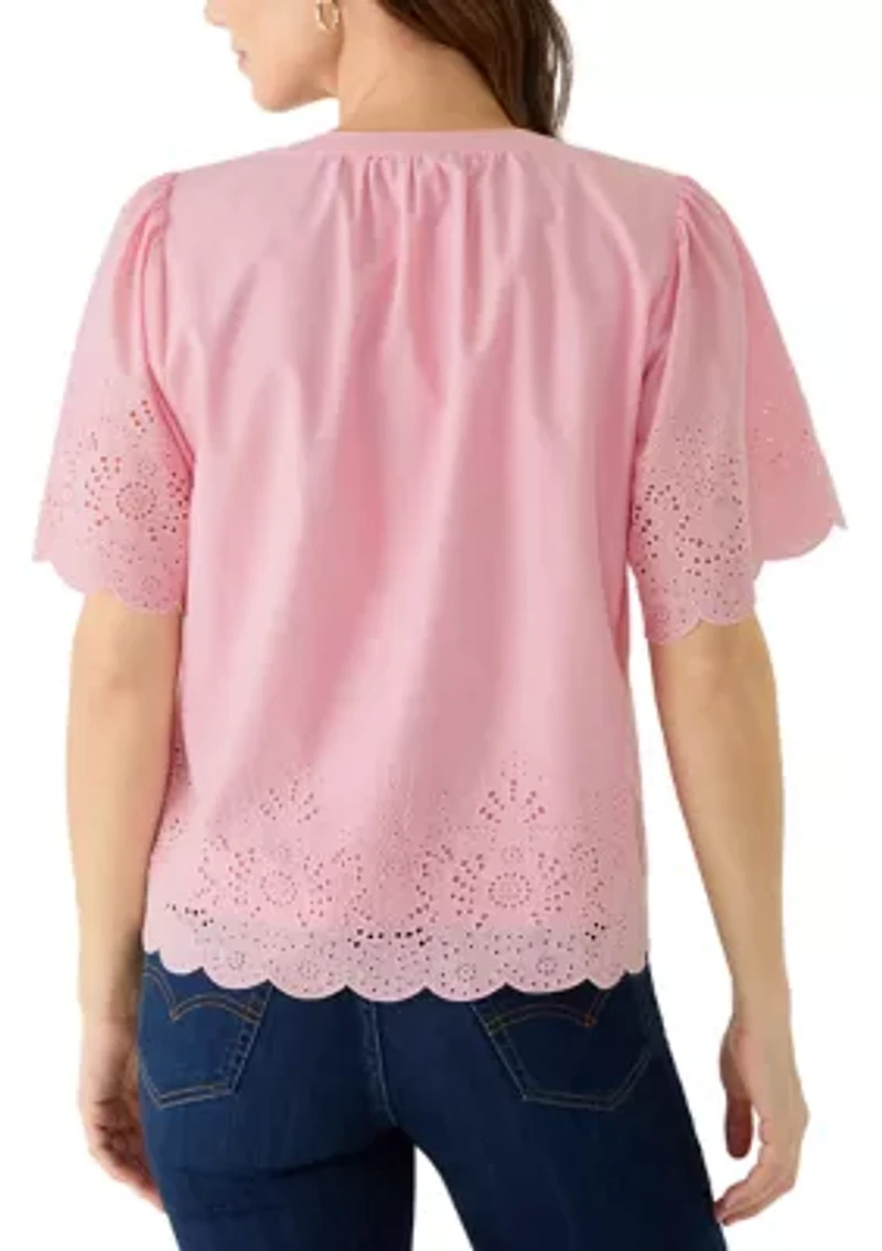 Women's Short Sleeve Eyelet Split Neck Blouse