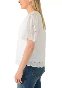 Women's Short Sleeve Eyelet Split Neck Blouse