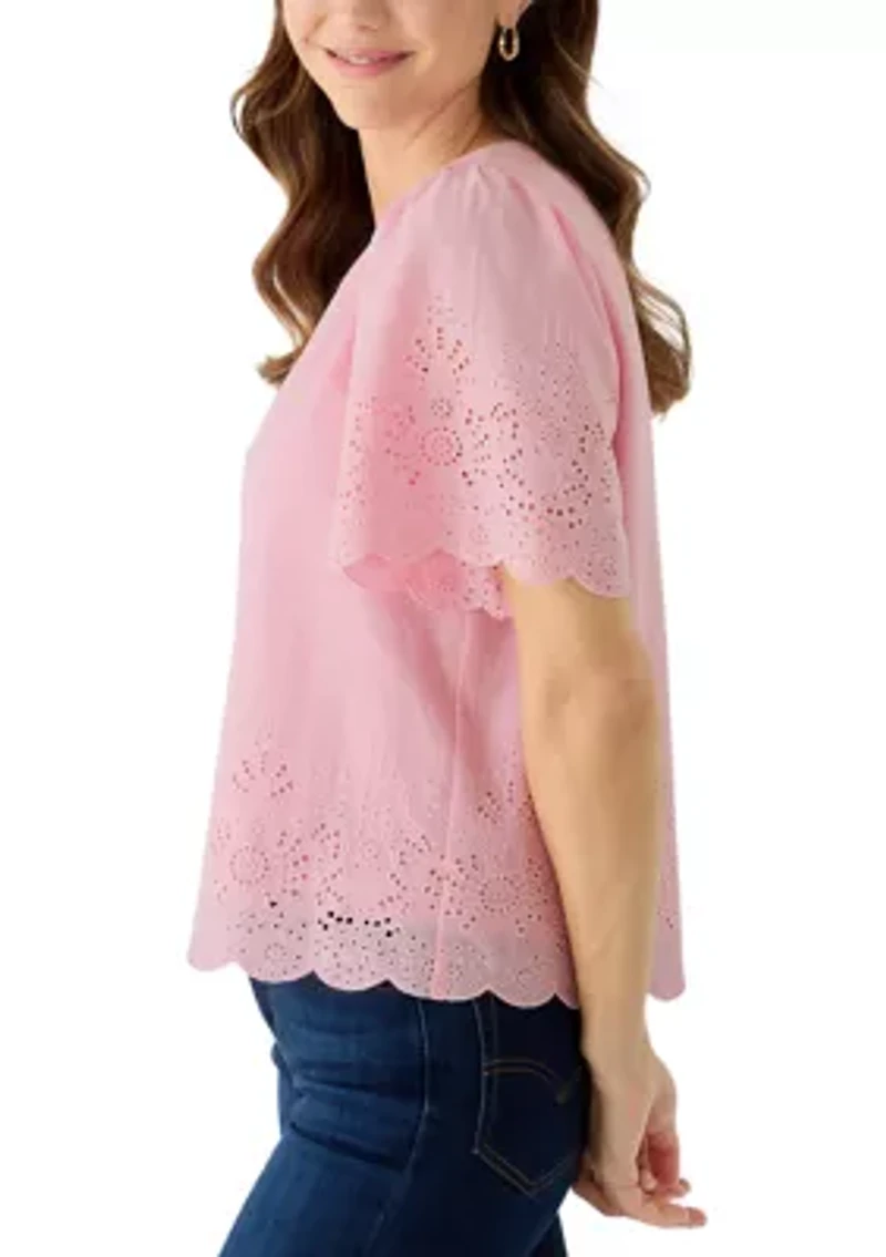 Women's Short Sleeve Eyelet Split Neck Blouse