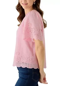 Women's Short Sleeve Eyelet Split Neck Blouse