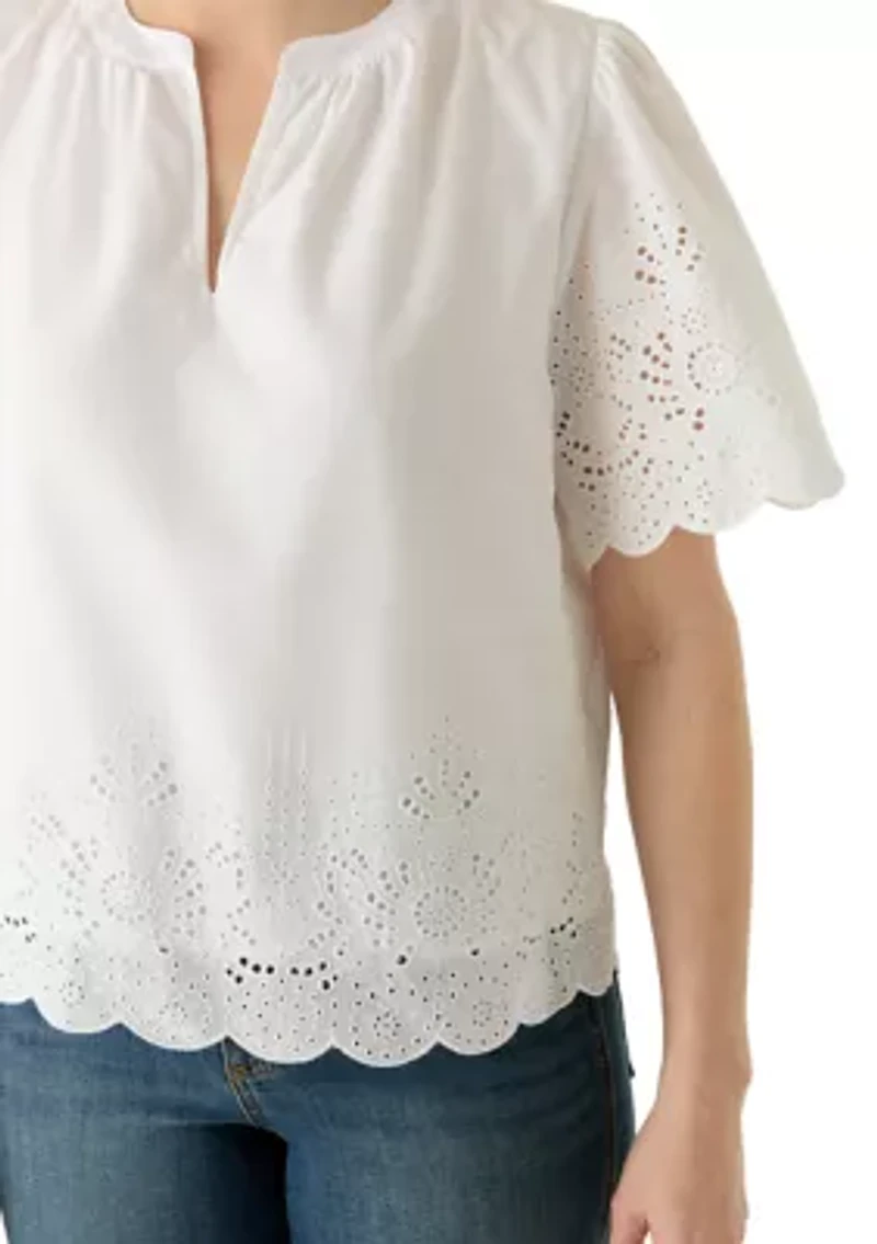Women's Short Sleeve Eyelet Split Neck Blouse