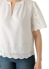 Women's Short Sleeve Eyelet Split Neck Blouse