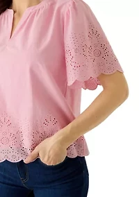 Women's Short Sleeve Eyelet Split Neck Blouse