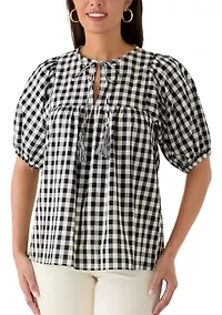 Women's Puff Sleeve Gingham Peasant Blouse