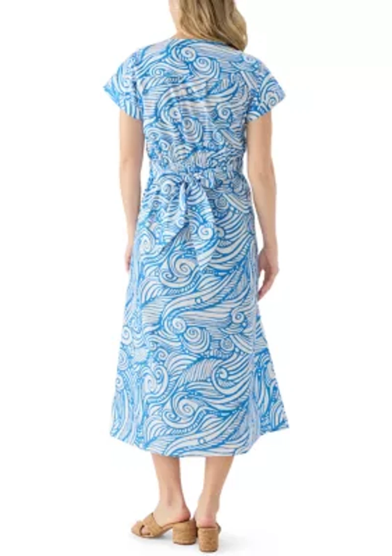 Women's Dolman Sleeve Belted Swirl Print Midi Dress