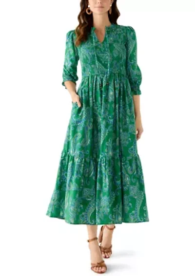 Women's Short Sleeve Smocked Paisley Midi Dress