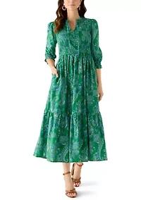 Women's Short Sleeve Smocked Paisley Midi Dress