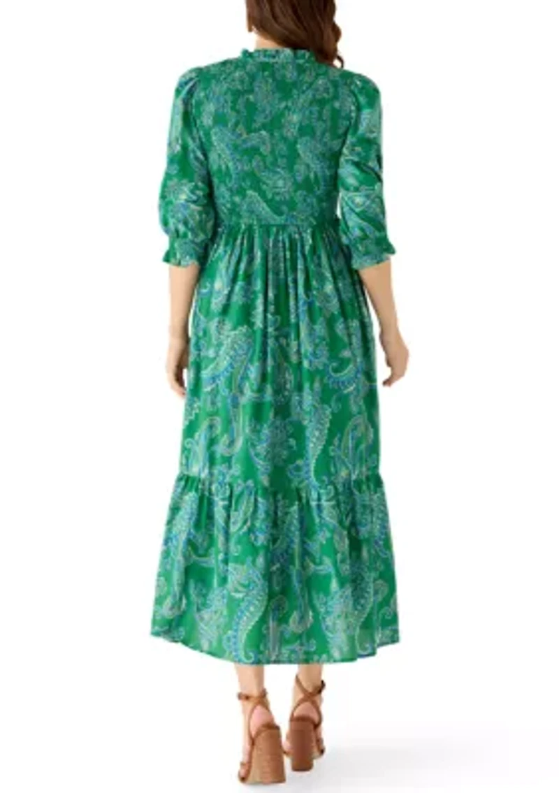 Women's Short Sleeve Smocked Paisley Midi Dress