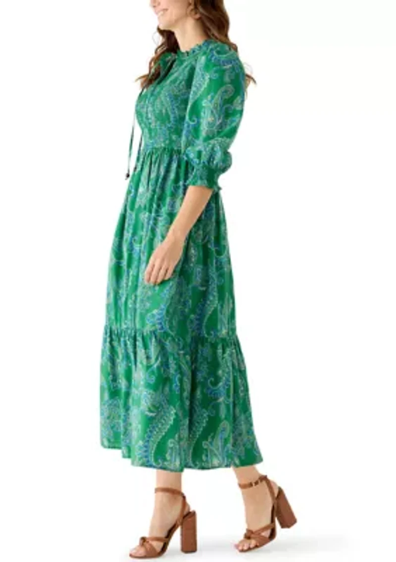 Women's Short Sleeve Smocked Paisley Midi Dress