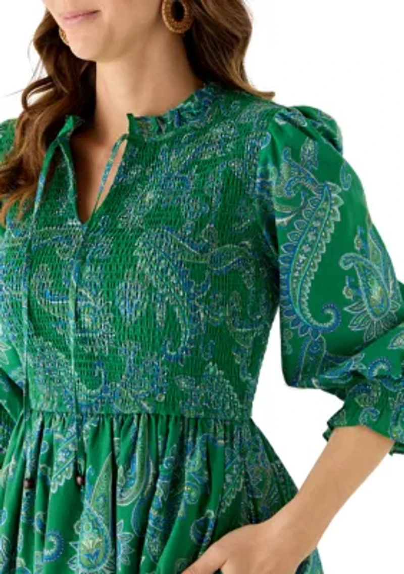 Women's Short Sleeve Smocked Paisley Midi Dress