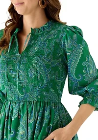 Women's Short Sleeve Smocked Paisley Midi Dress