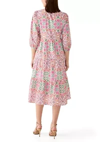 Women's 3/4 Sleeve Medallion Print Midi Dress