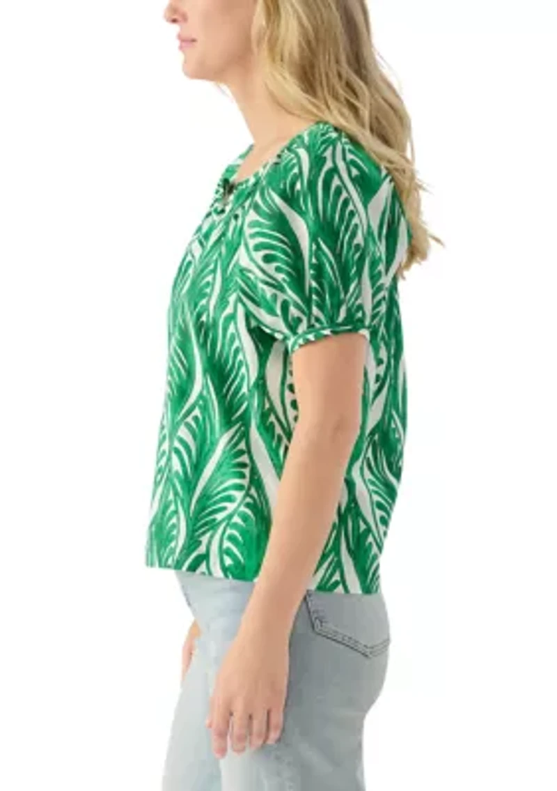 Women's Puff Sleeve Button Front Swirl Pattern Blouse