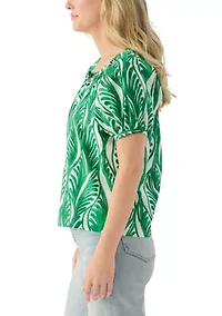Women's Puff Sleeve Button Front Swirl Pattern Blouse