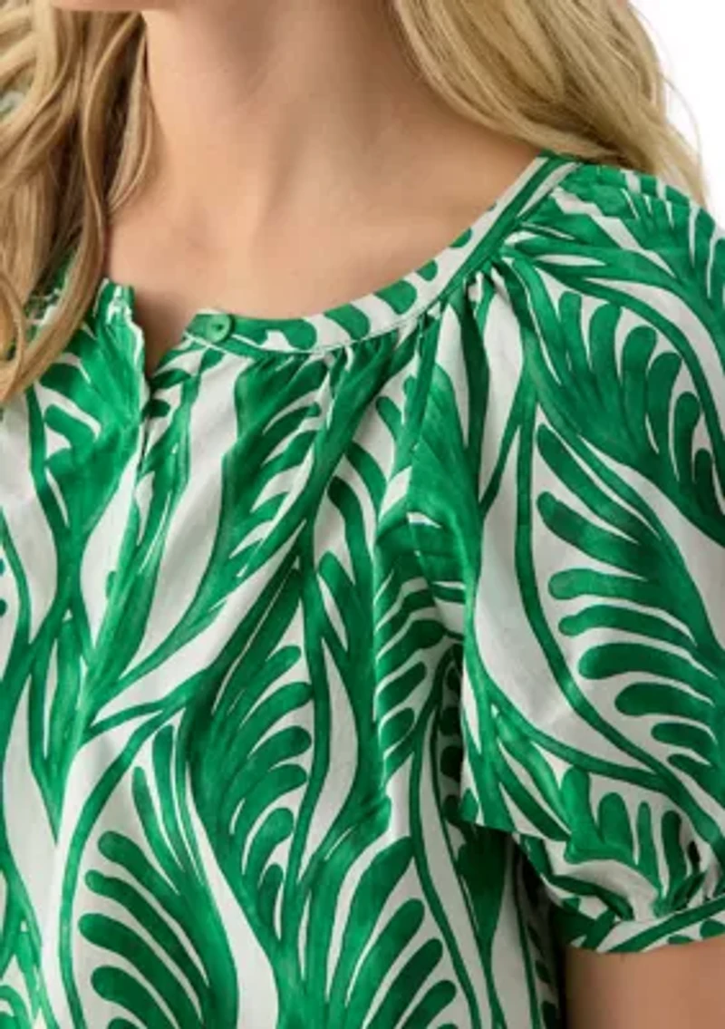 Women's Puff Sleeve Button Front Swirl Pattern Blouse