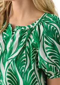 Women's Puff Sleeve Button Front Swirl Pattern Blouse