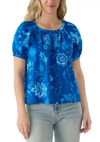Women's Puff Sleeve Button Front Floral Blouse