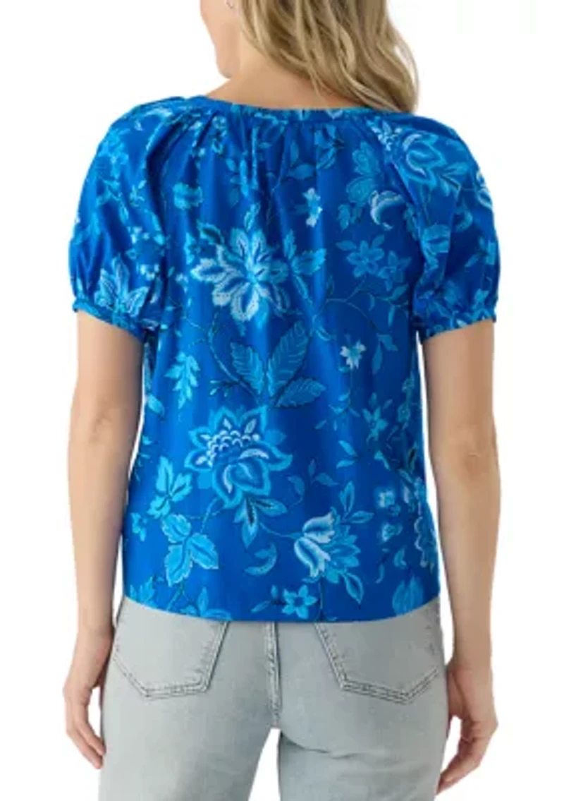 Women's Puff Sleeve Button Front Floral Blouse