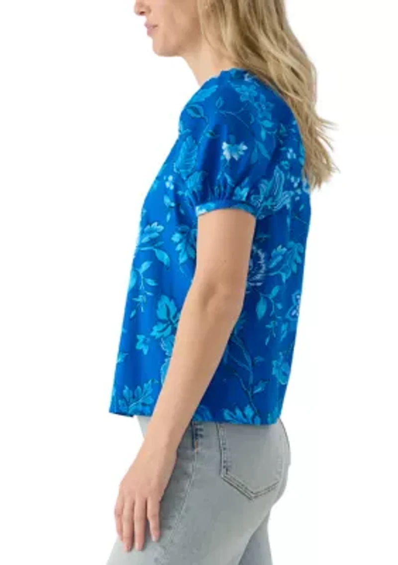 Women's Puff Sleeve Button Front Floral Blouse
