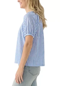 Women's Puff Sleeve Button Front Striped Blouse