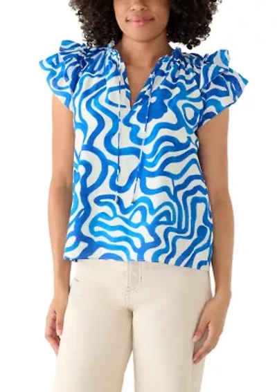 Women's Short Flutter Sleeve Split Neck Blouse