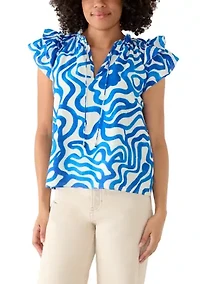 Women's Short Flutter Sleeve Split Neck Blouse