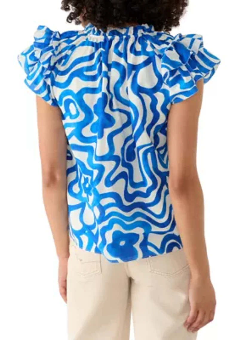 Women's Short Flutter Sleeve Split Neck Blouse