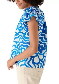 Women's Short Flutter Sleeve Split Neck Blouse