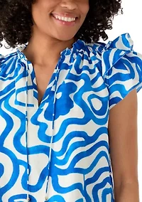 Women's Short Flutter Sleeve Split Neck Blouse