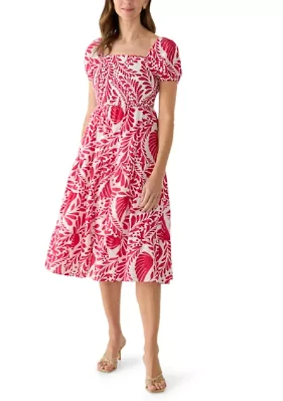 Women's Puff Sleeve Smocked Paisley Midi Dress