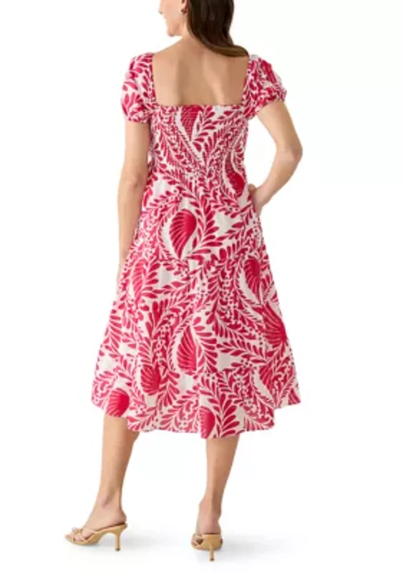 Women's Puff Sleeve Smocked Paisley Midi Dress