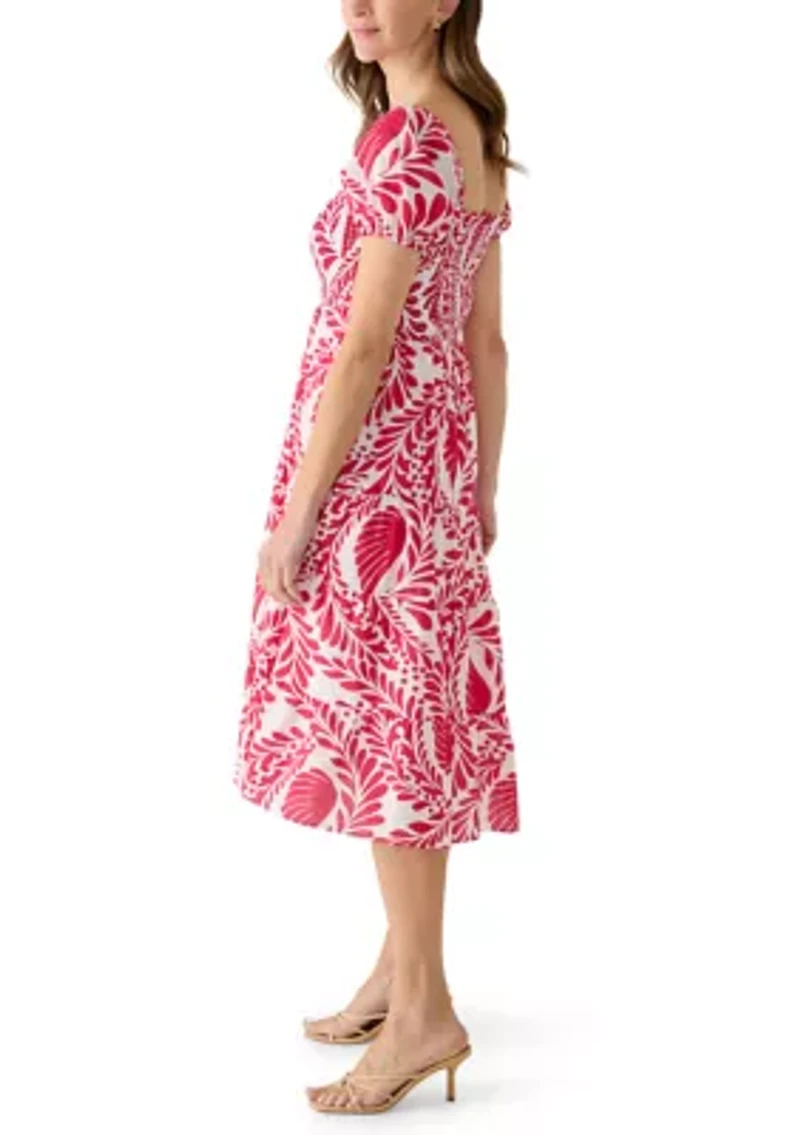Women's Puff Sleeve Smocked Paisley Midi Dress
