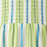 Women's Short Sleeve Multi Striped Pleated Peasant Dress